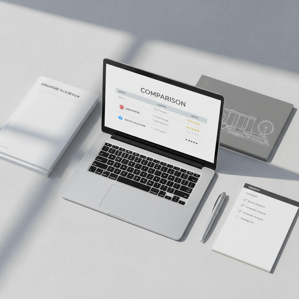 A sleek, minimal flat-lay of Singapore-focused product comparison materials arranged on a light grey textured desk. In the center, an open, modern laptop displays a clean comparison table with brand logos and star ratings, rendered sharply but generically. Around it lie neatly stacked white brochures, a slim silver pen, and a crisp notepad with tidy checkboxes. A faint outline of Singapore’s skyline appears abstractly on a nearby folder. Soft, diffused daylight from the left creates gentle shadows and a professional, trustworthy atmosphere. Shot from a bird’s-eye view with photographic realism and sharp focus throughout, the composition feels organized, clean, and authoritative, ideal as a universal header image for a brand review blog.